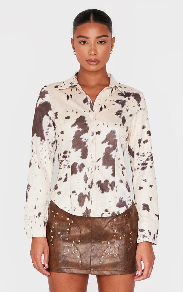 Beige Faux Suede Cow Print Fitted Shirt Product Image