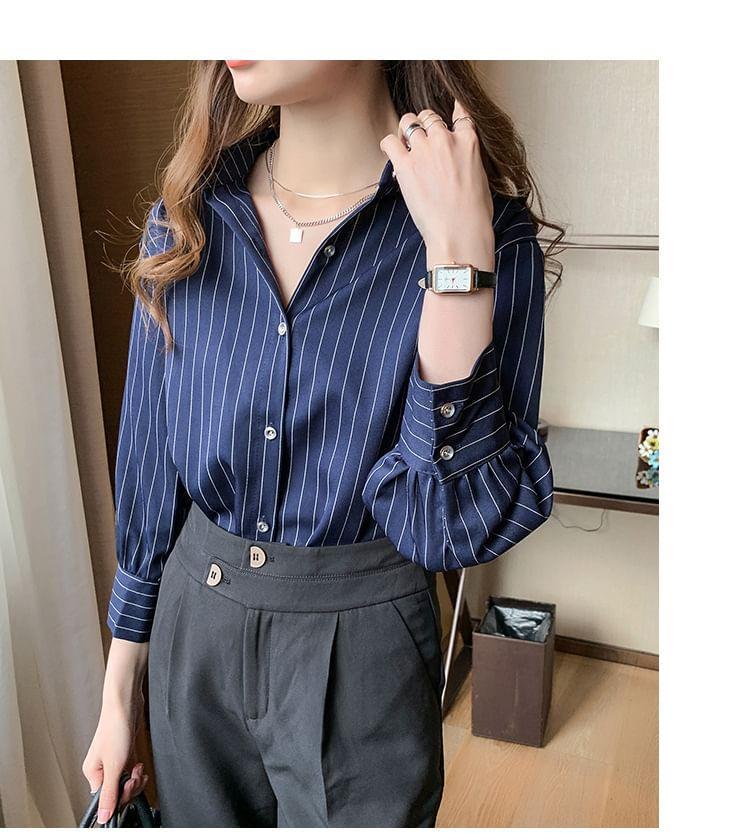 Long-Sleeve Collar Pinstriped Blouse Product Image