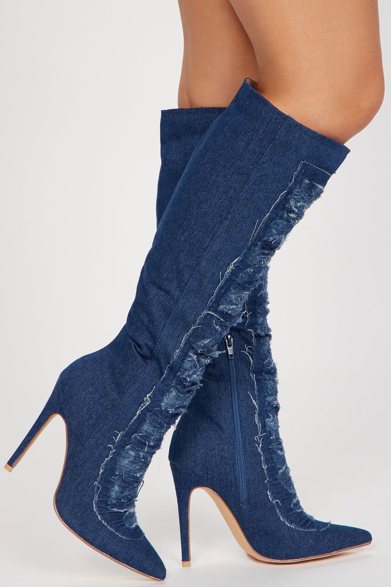 Cut It Off Knee High Boots - Dark Denim Product Image