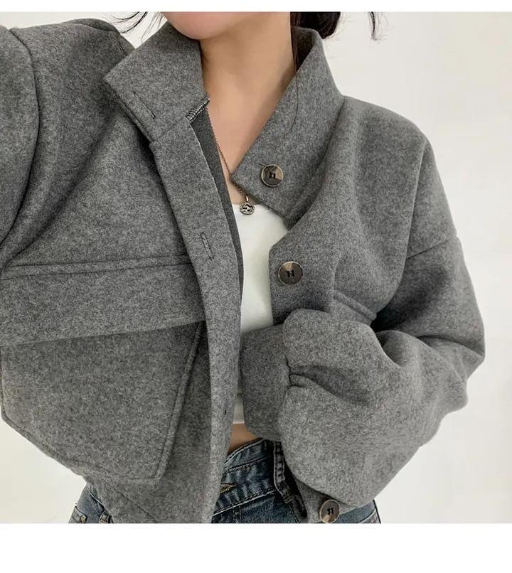 Stand Collar Plain Button-Up Crop Jacket Product Image