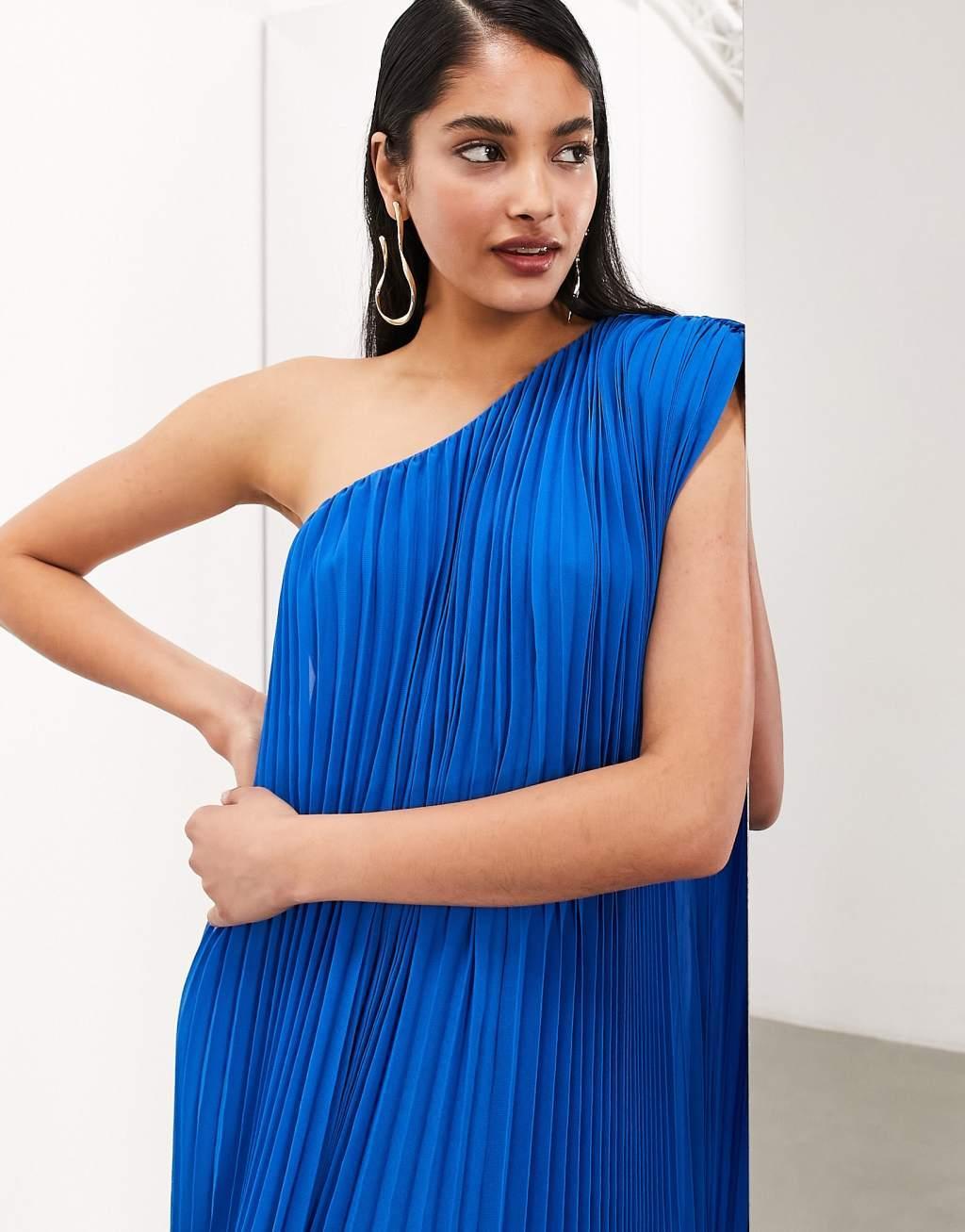 ASOS EDITION extreme pleated one shoulder maxi dress in bright blue Product Image