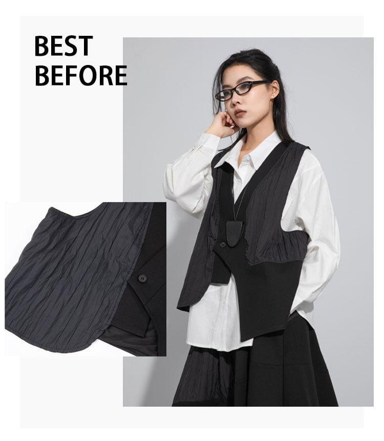 V-Neck Plain Asymmetrical Panel Button Vest Product Image