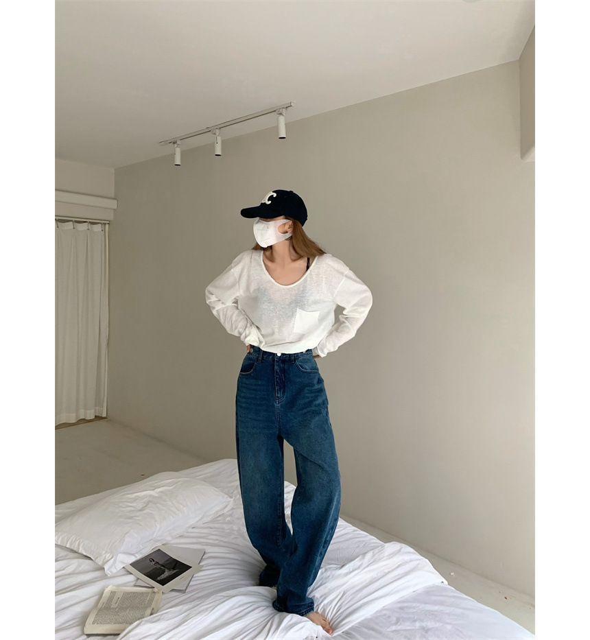 Denim Crop Button-Up Camisole Top / High Waist Washed Loose-Fit Jeans Product Image