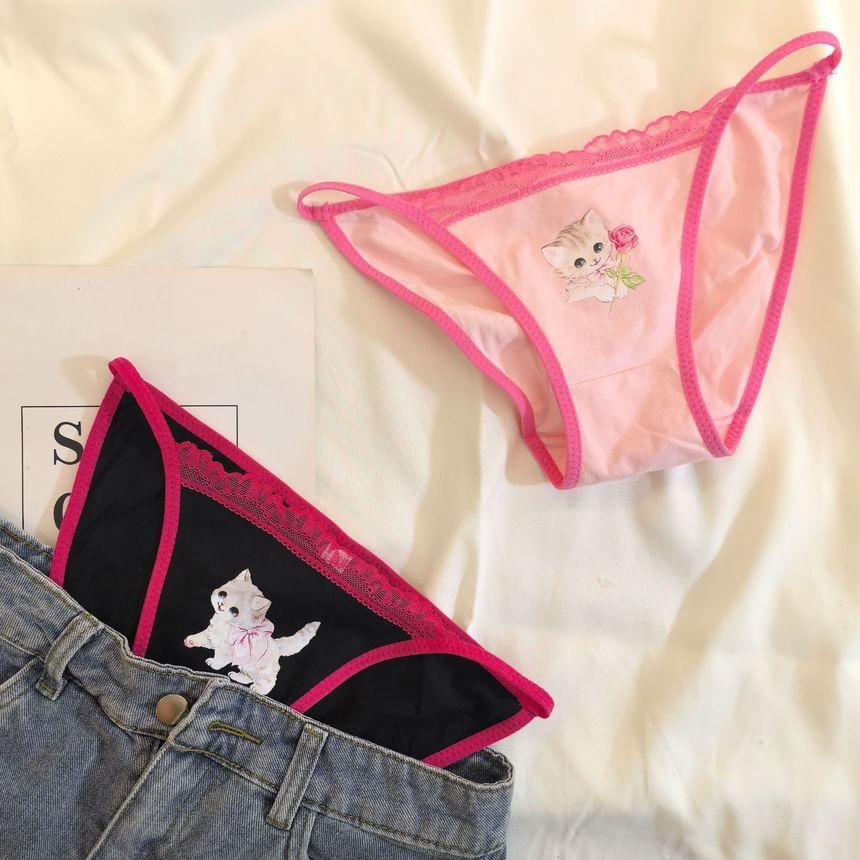 Cat Print Lace Trim Bikini Panties Product Image