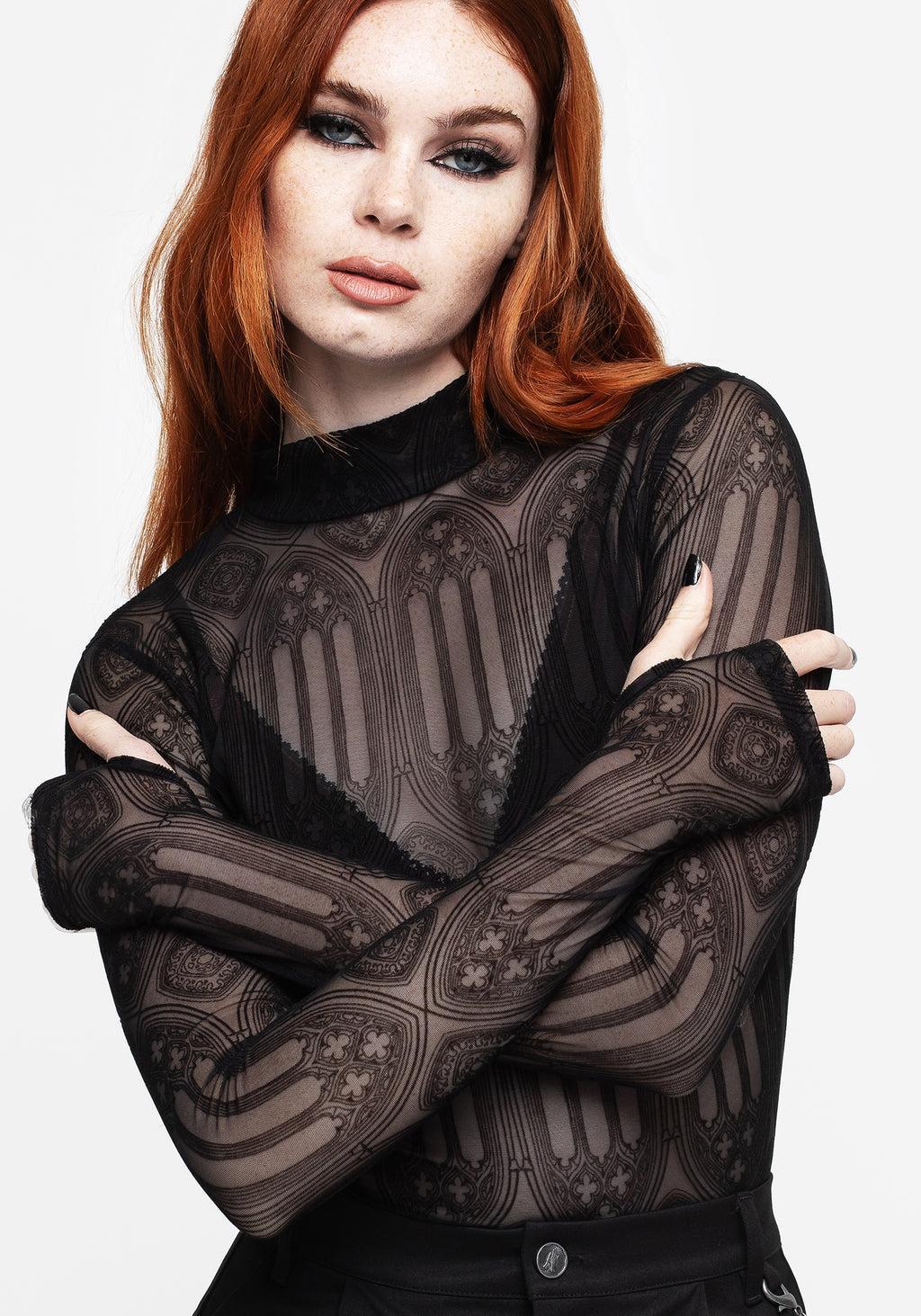 Cloister Flocked Mesh High Neck Long Sleeve Top Product Image