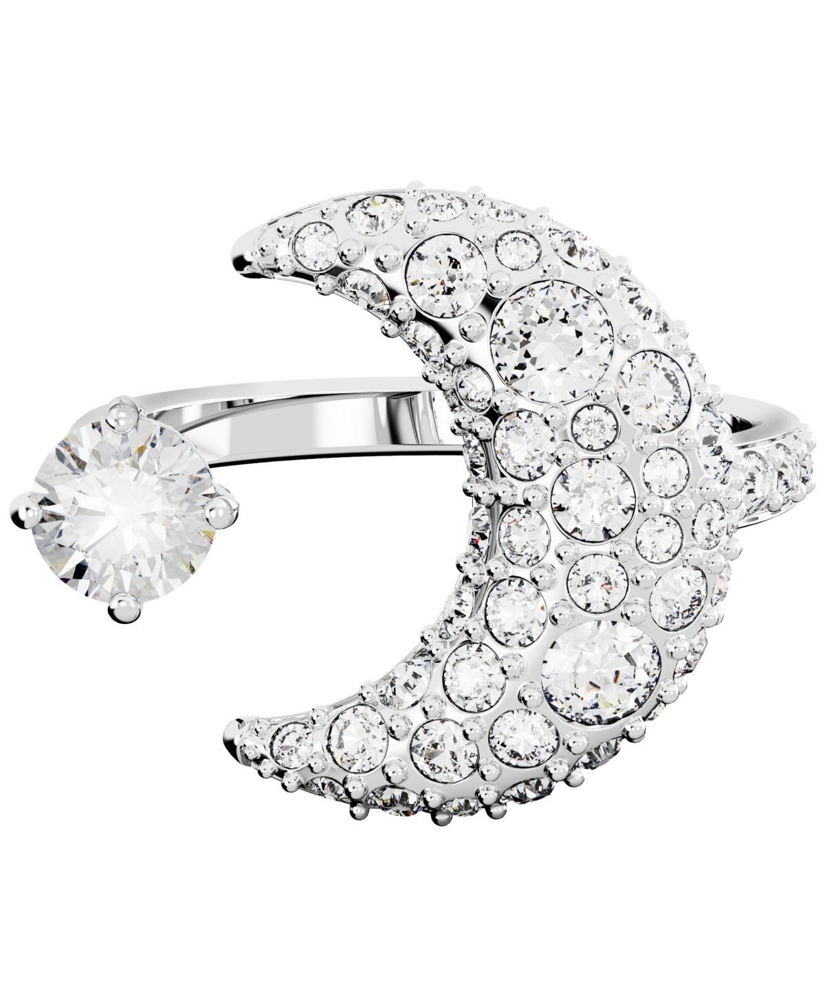 Womens Luna Rhodium-Plated & Crystal Open Moon Ring Product Image