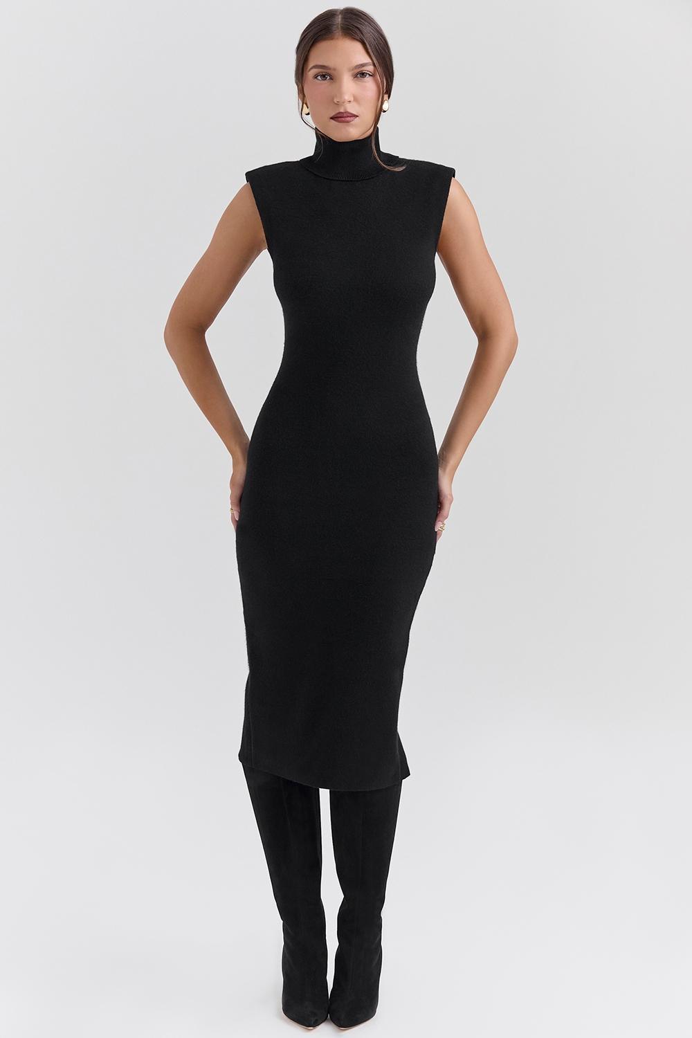 Gaia Black Cashmere Blend Turtle Neck Midi Dress Product Image