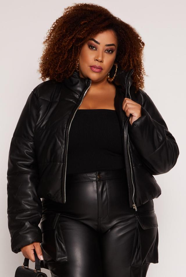 Womens Plus Size Faux Leather Zip Front Long Sleeve Puffer Jacket Product Image