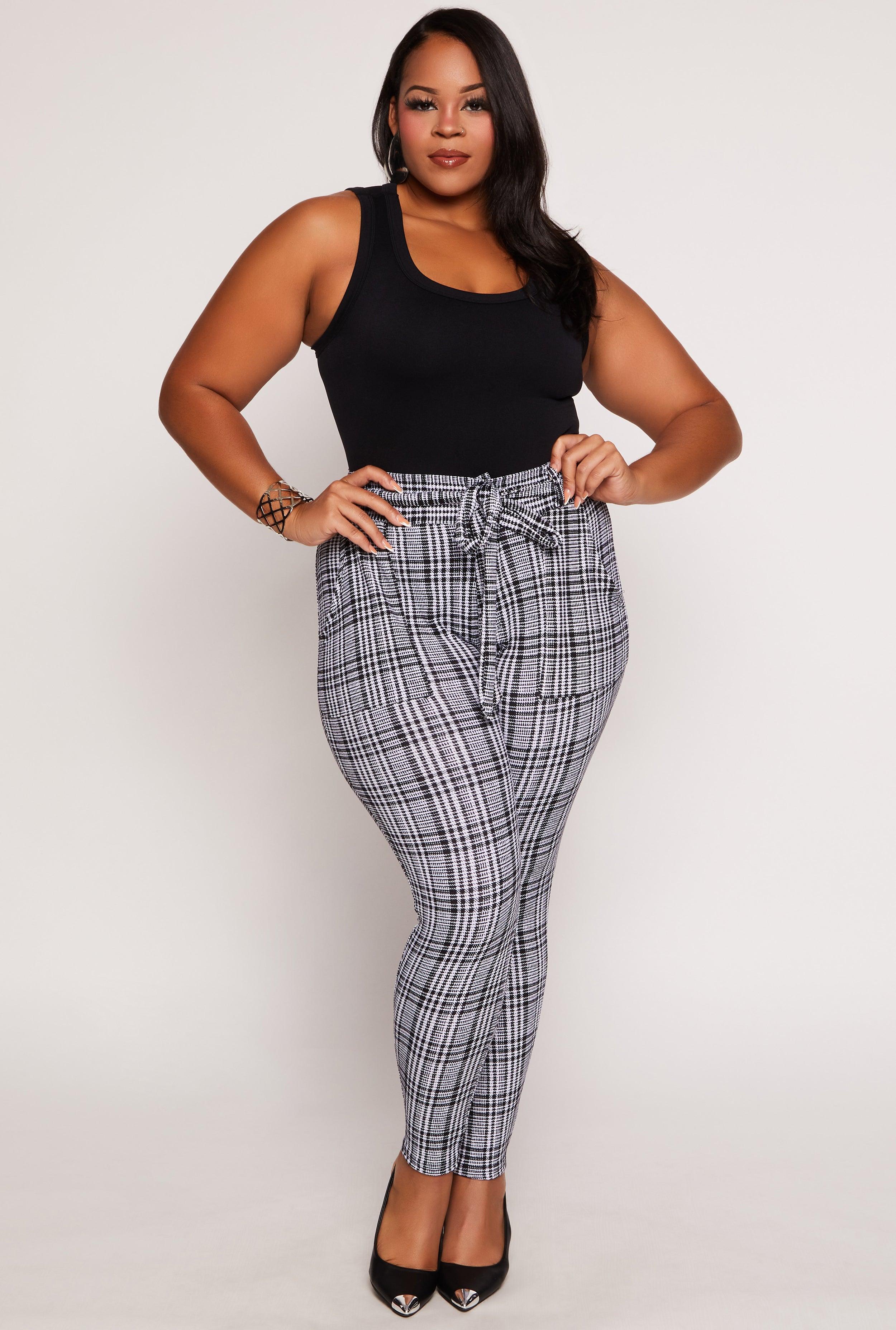 Womens Plus Size Plaid Tie Waist Belted Dress Pants Product Image