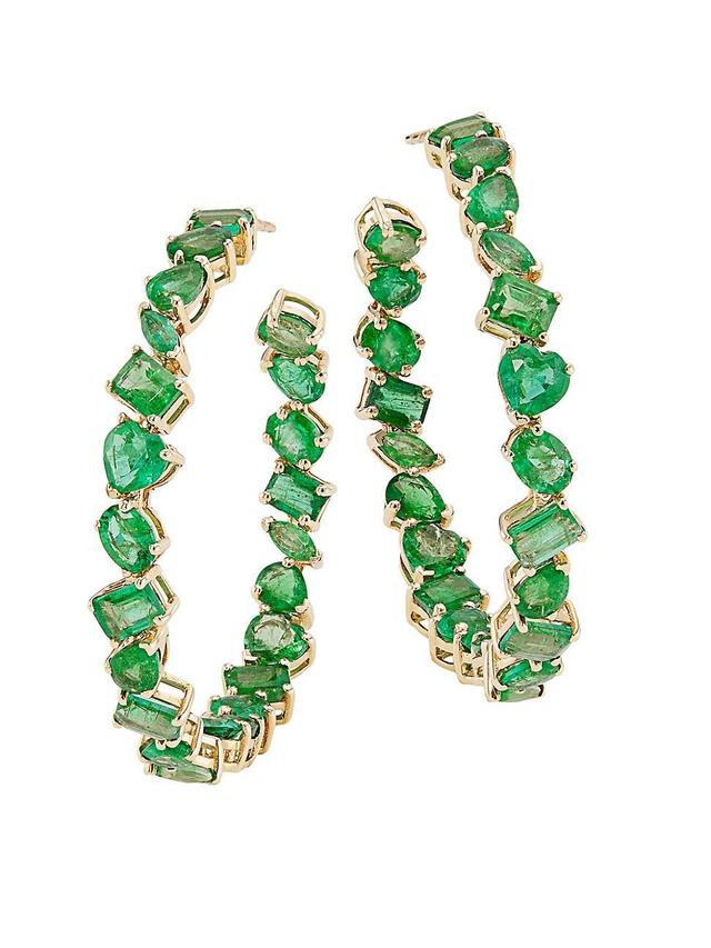 Womens 14K Yellow Gold & Emerald Inside-Out Hoop Earrings Product Image