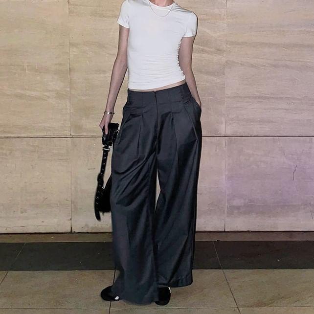 Low Waist Plain Loose-Fit Wide-Leg Dress Pants Product Image