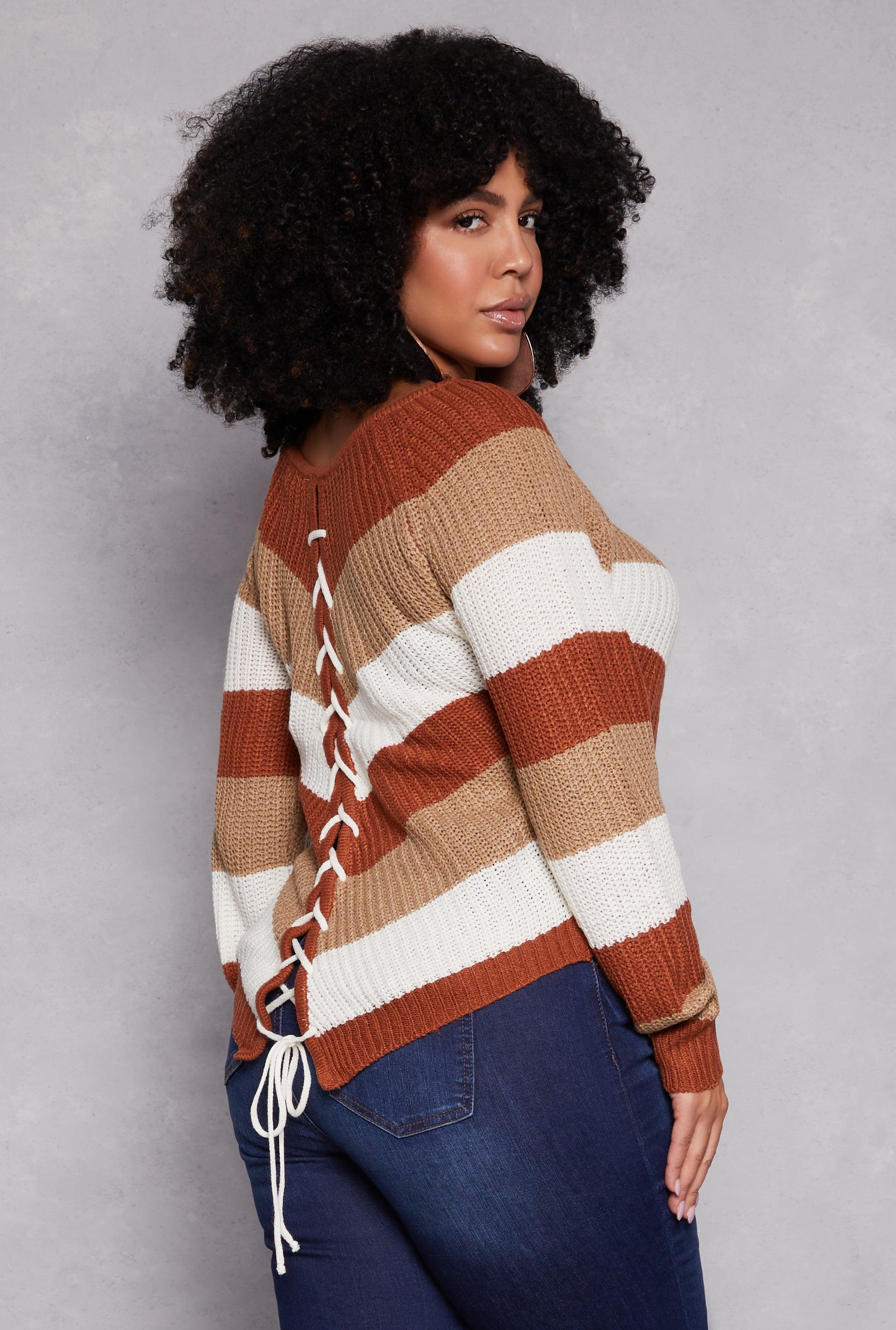 Womens Plus Size Chevron Lace Up Pullover Sweater Product Image