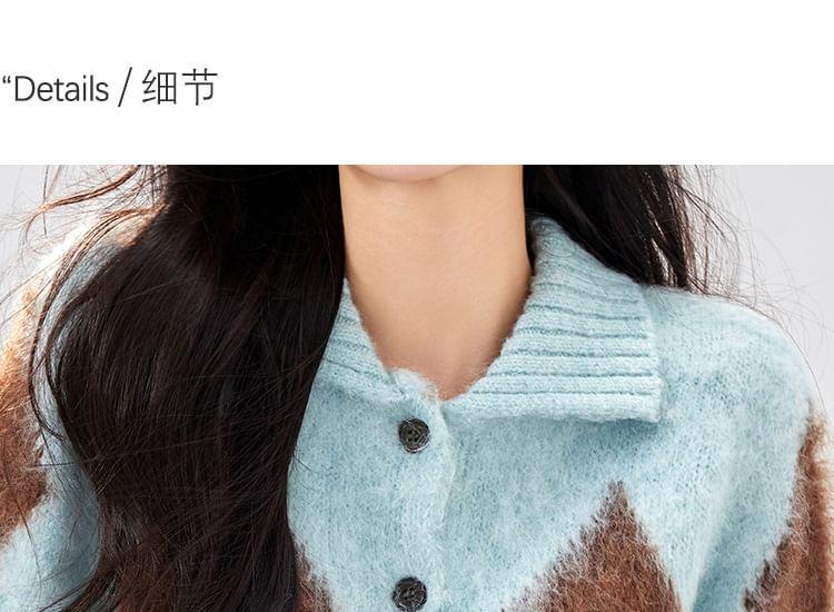 Collar Argyle Fluffy Cardigan Product Image