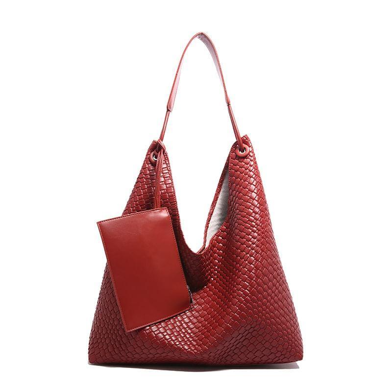 Set: Plain Faux Leather Tote Bag + Pouch Product Image