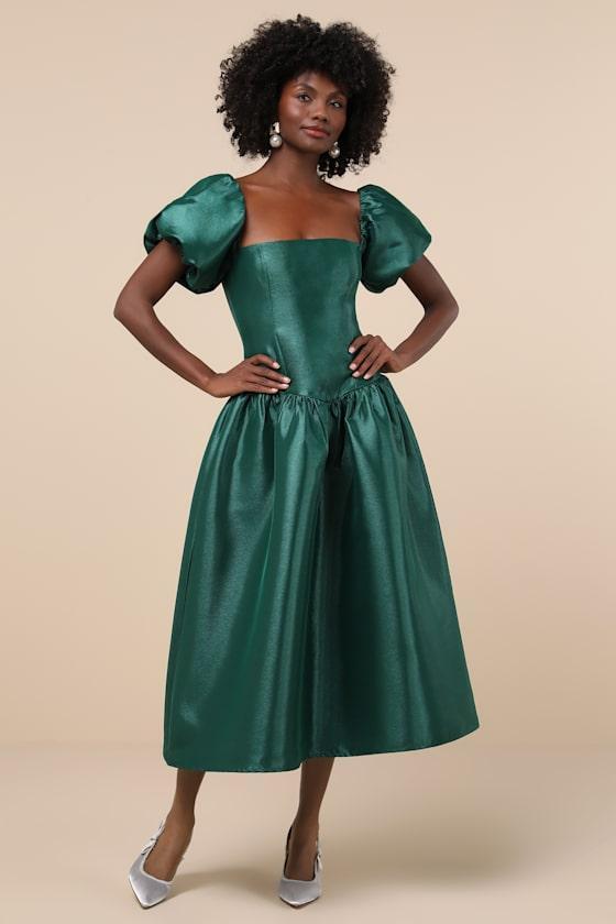 Exclusive Charm Emerald Green Taffeta Puff Sleeve Midi Dress product image