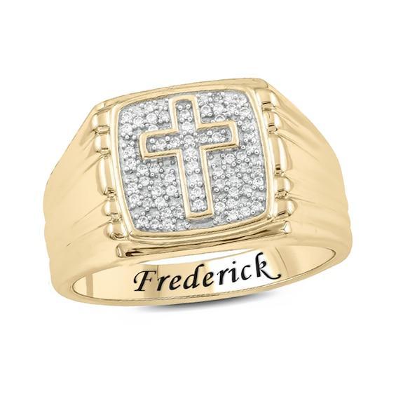 Men's 1/6 CT. T.w. Diamond Cross Engravable Signet Ring in 10K Gold (1 Line) Product Image