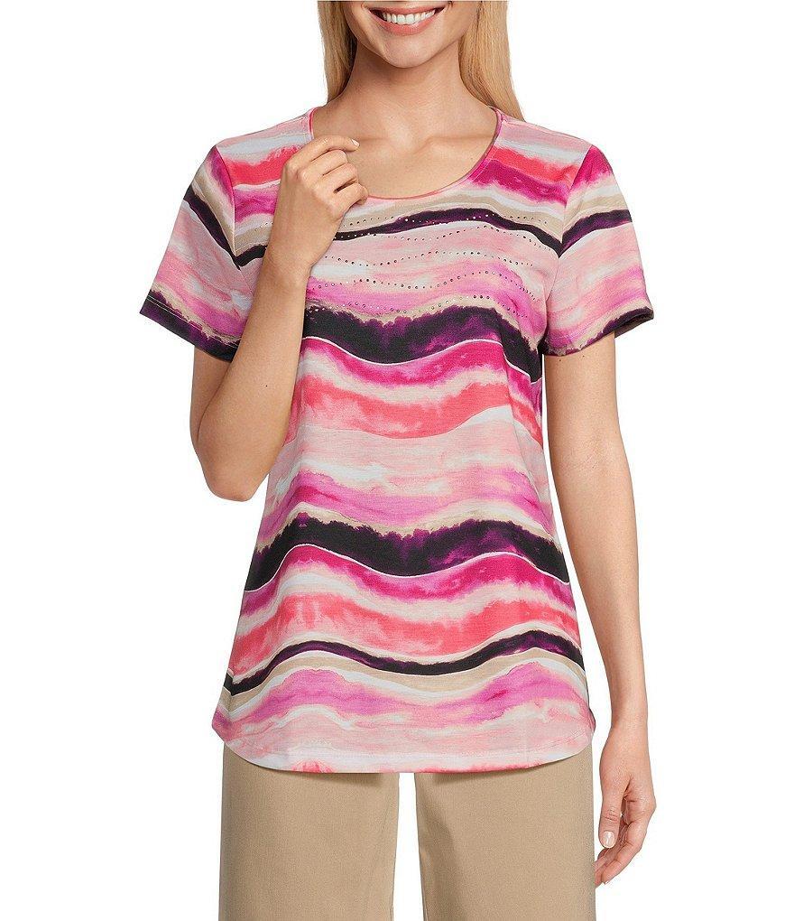 Allison Daley Wave Stripe Print Embellished Short Sleeve Crew Neck Art Tee Shirt Product Image