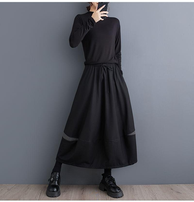 Drawstring Waist Two Tone Midi A-Line Skirt Product Image