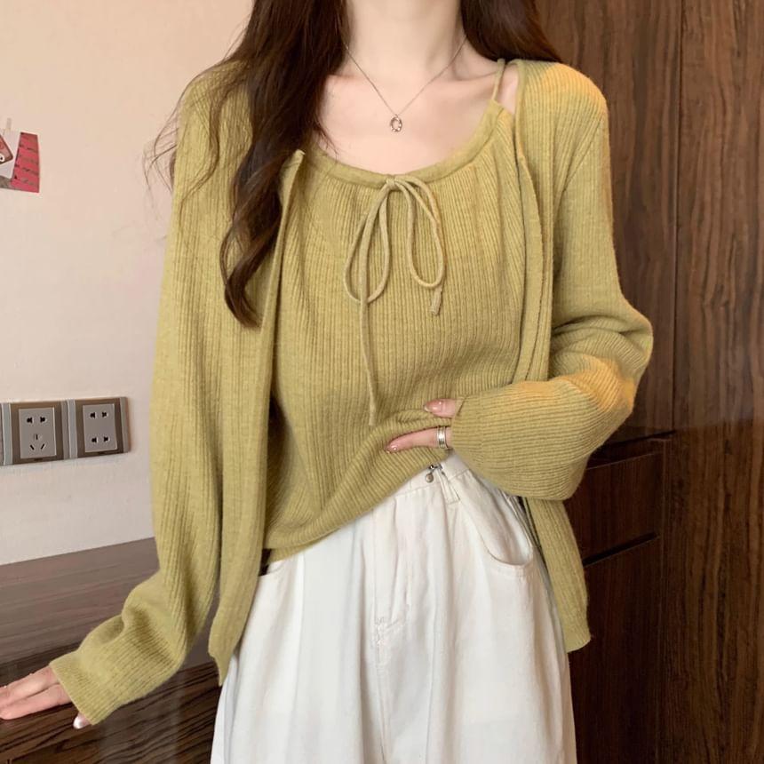 Set: Plain Bow Cami Top + Cardigan Product Image