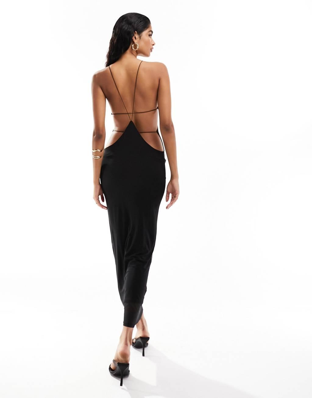 ASOS DESIGN mesh halter maxi dress with extreme cut out back detail in black Product Image