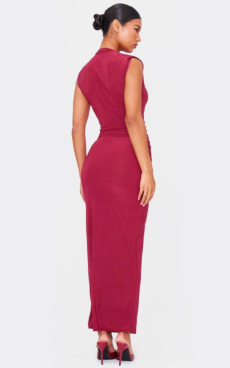 Burgundy Slinky High Neck Ruched Side Midaxi Dress Product Image