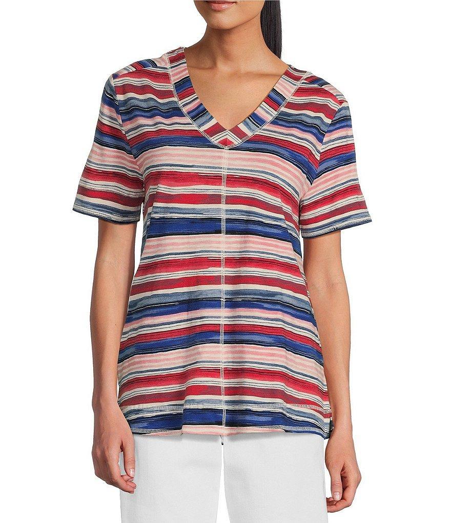 Westbound Petite Size Flag Stripe Print Knit Short Sleeve V-Neck Top Product Image