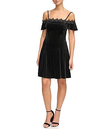 Kensie Stretch Velvet Off-the-Shoulder Applique Fit and Flare Dress Product Image