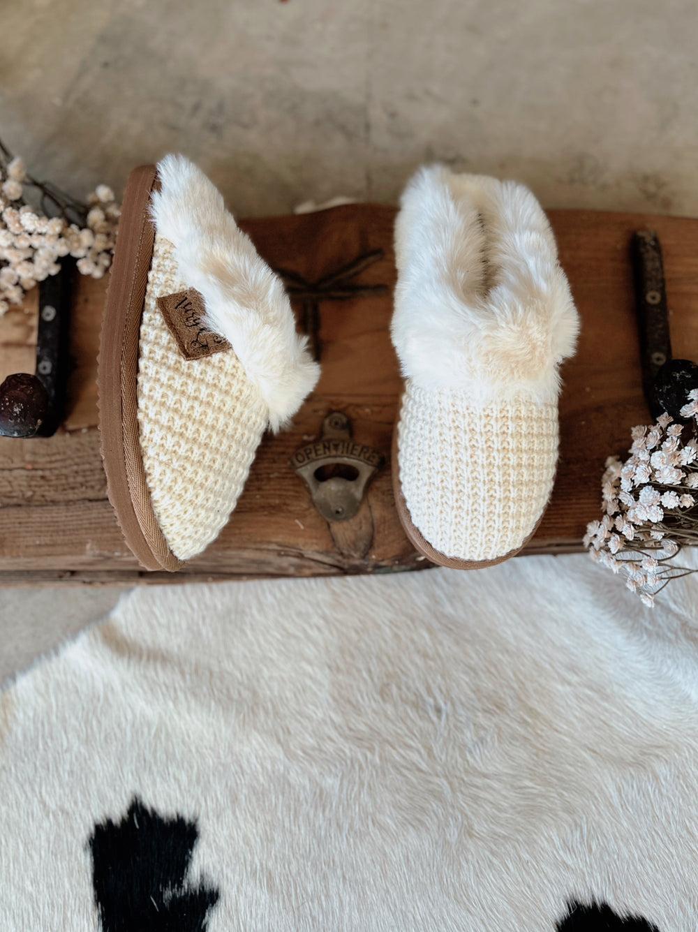 Very G Cream Sweater Knit Fuzzy Slippers Product Image