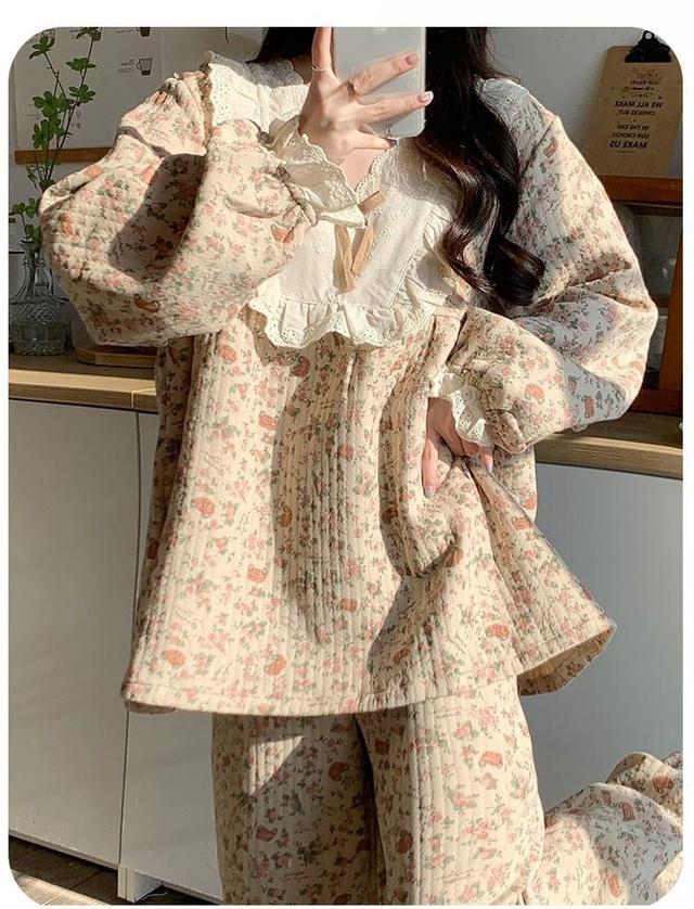 Pajama Set: Long-Sleeve V-Neck Floral Print Embroidered Eyelet Panel Bow Accent Top + Pants Product Image