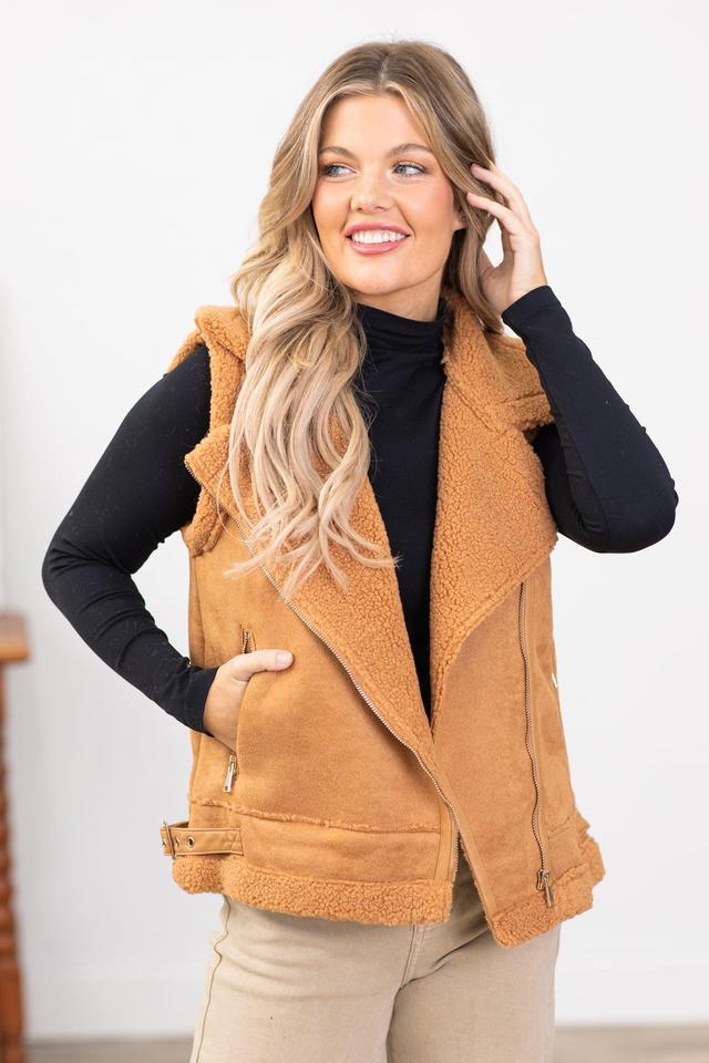 Camel Faux Suede Sherpa Lined Vest Product Image