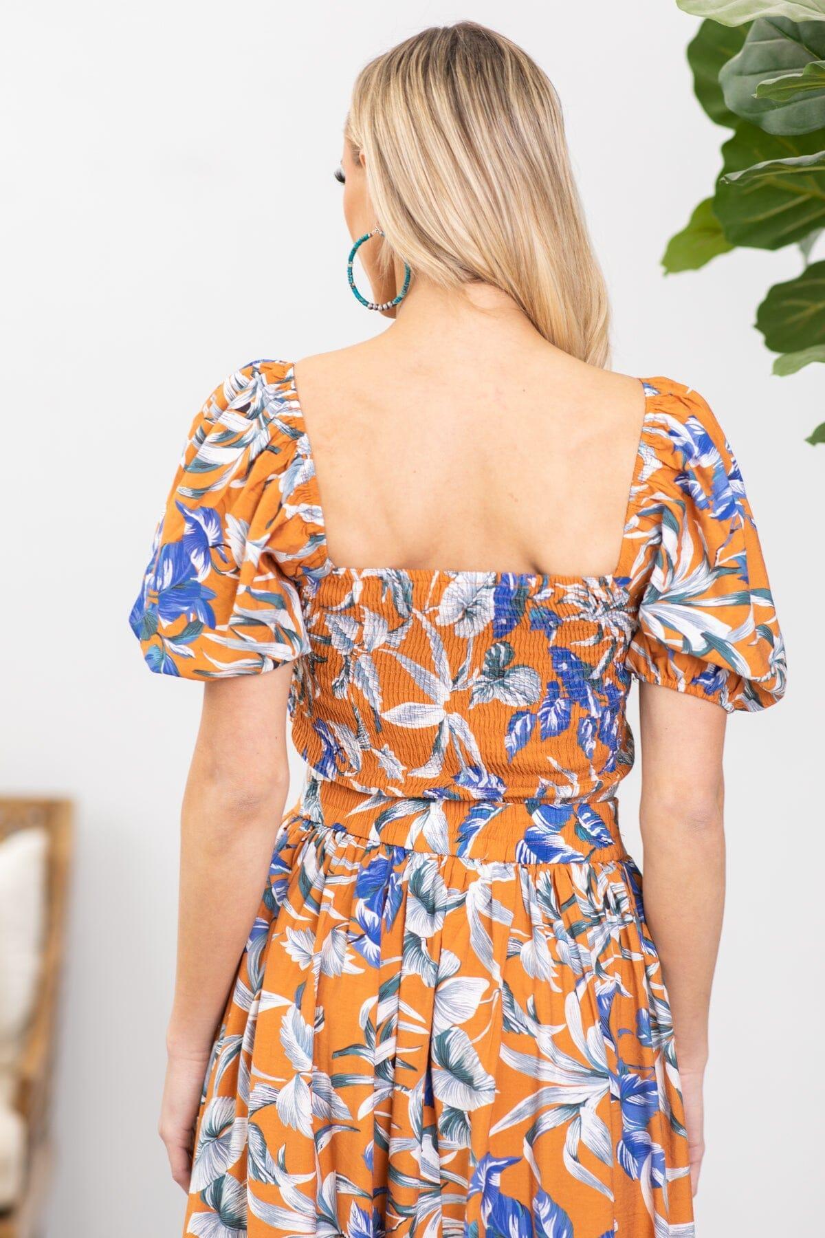 Orange and Cobalt Floral Square Neck Top Product Image