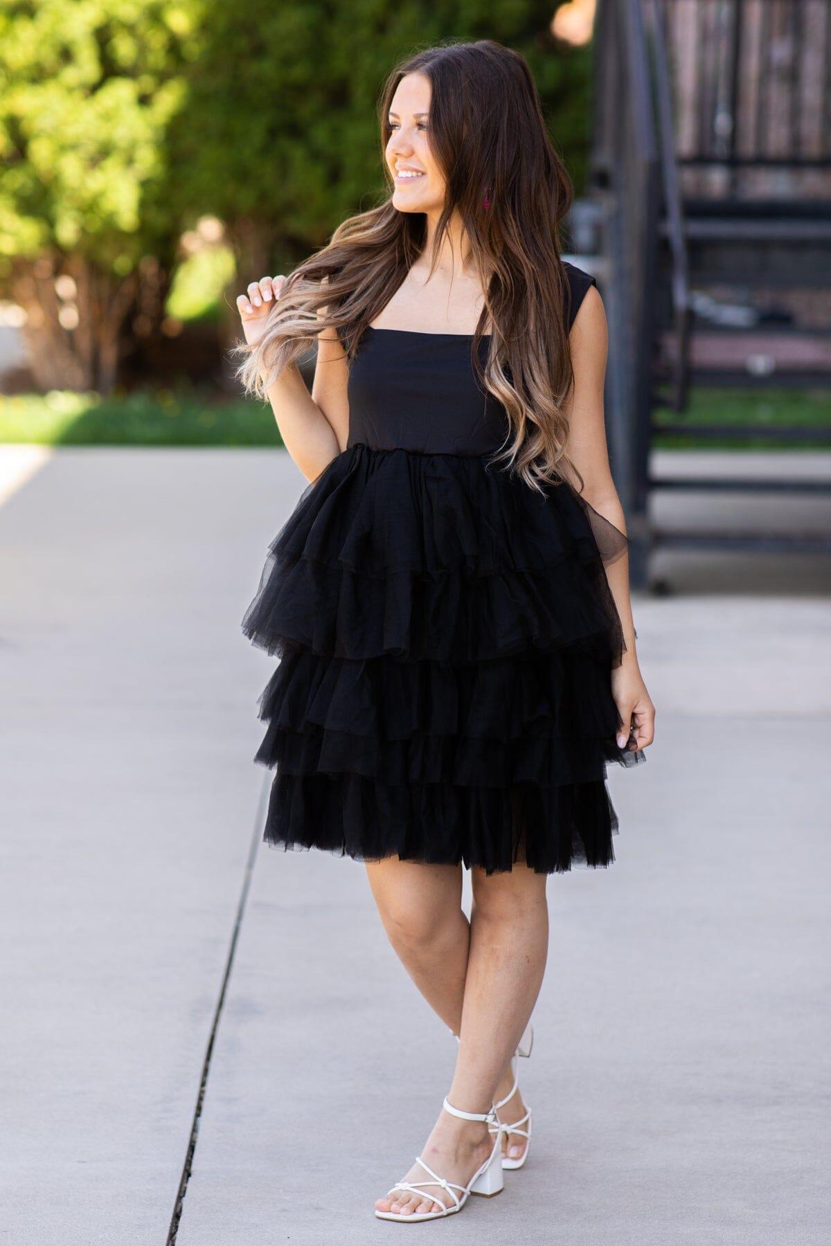 Black Square Neck Tulle Skirt Dress Product Image