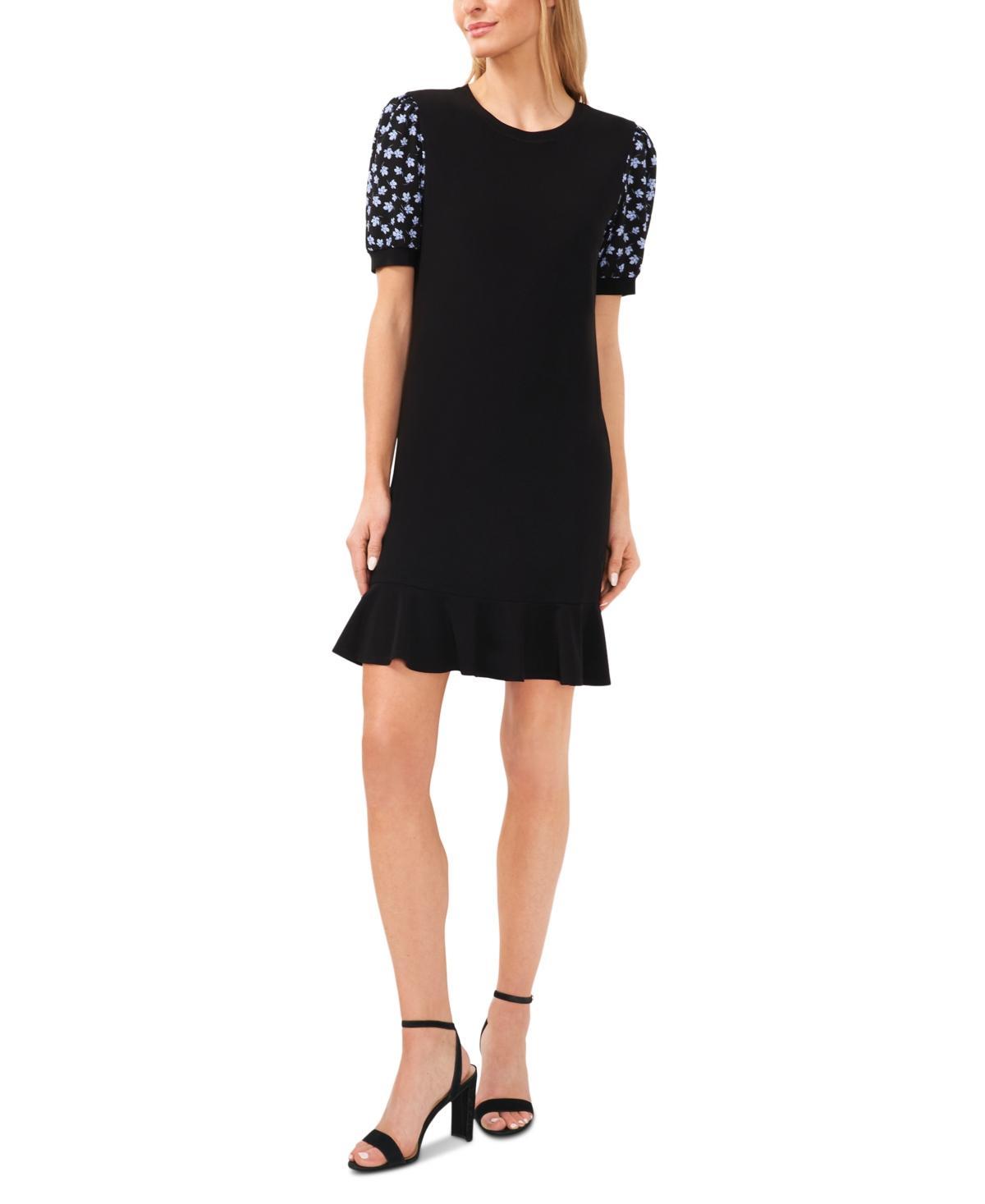 CeCe Womens Mixed-Media Puff-Sleeve Knit Dress Product Image