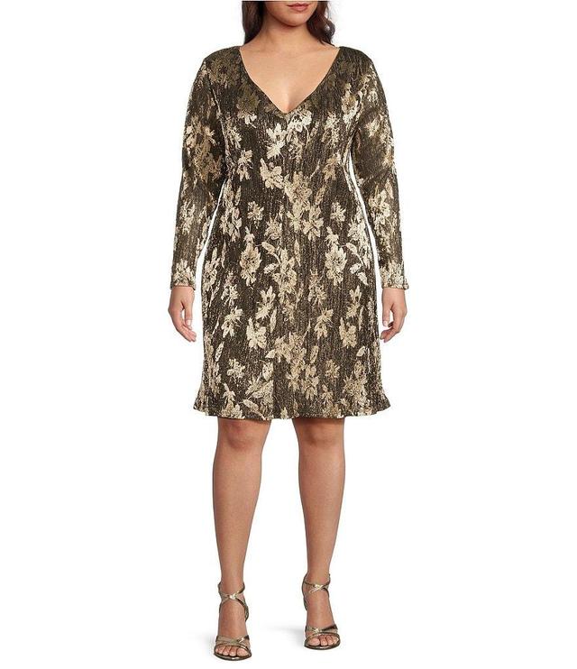 Marina Plus Size Round Neck Long Sleeve Printed Metallic Dress Product Image