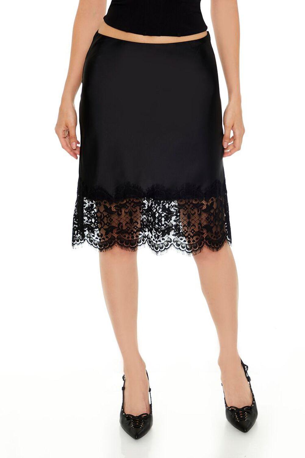 Satin Lace-Trim Midi Skirt | Forever 21 Product Image