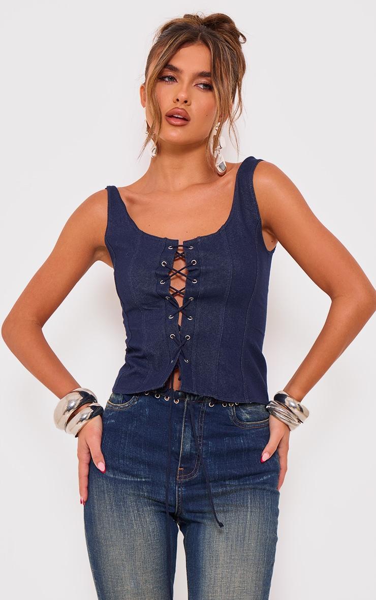 Blue Denim Look Lace Up Detail Corset Top product image