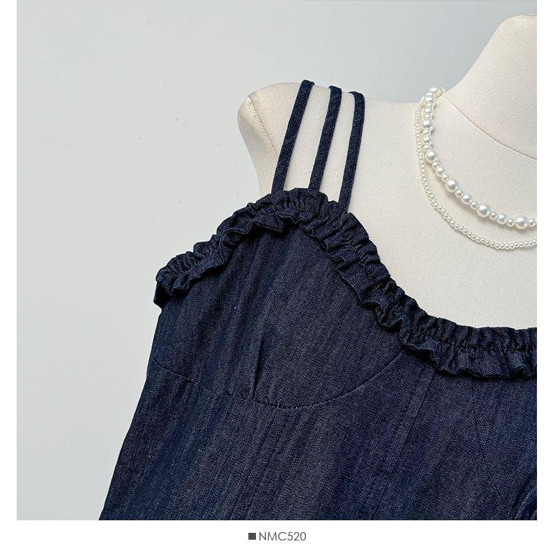 Sleeveless Ruffle-Trim Denim A-Line Maxi Dress Product Image