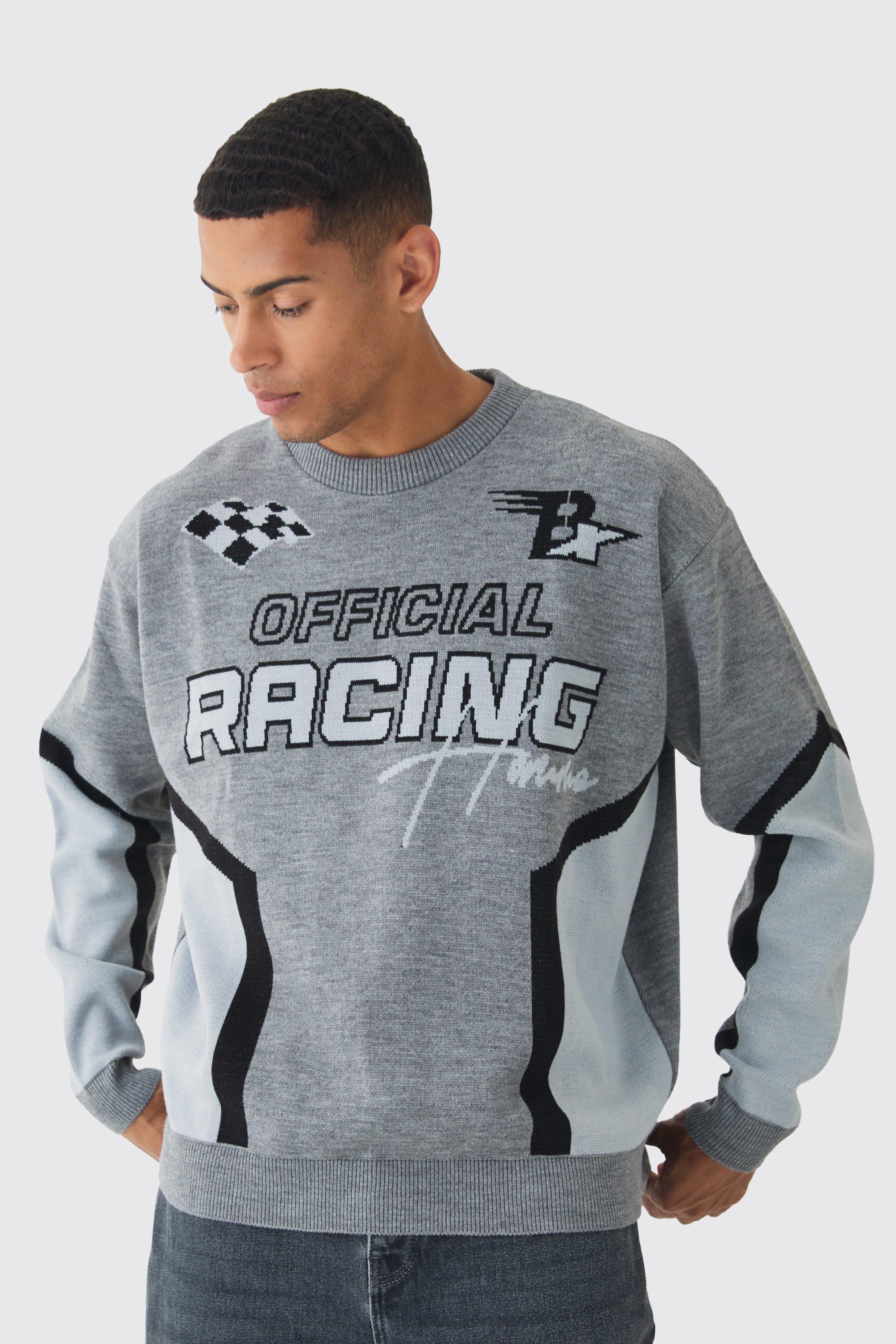 Oversized Boxy Moto Racing Knitted Sweater | boohooMAN USA Product Image