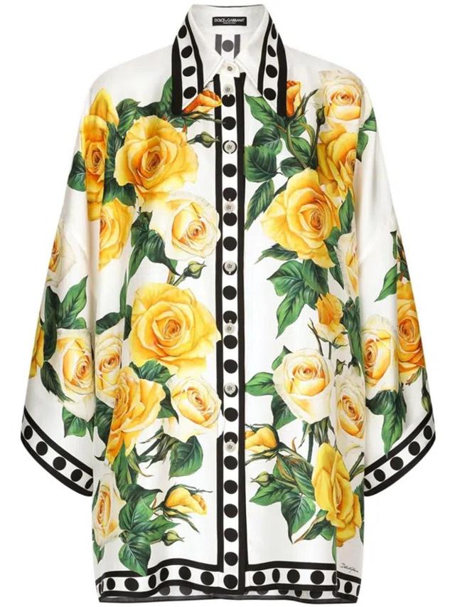 Roses Print Silk Shirt In Yellow Product Image