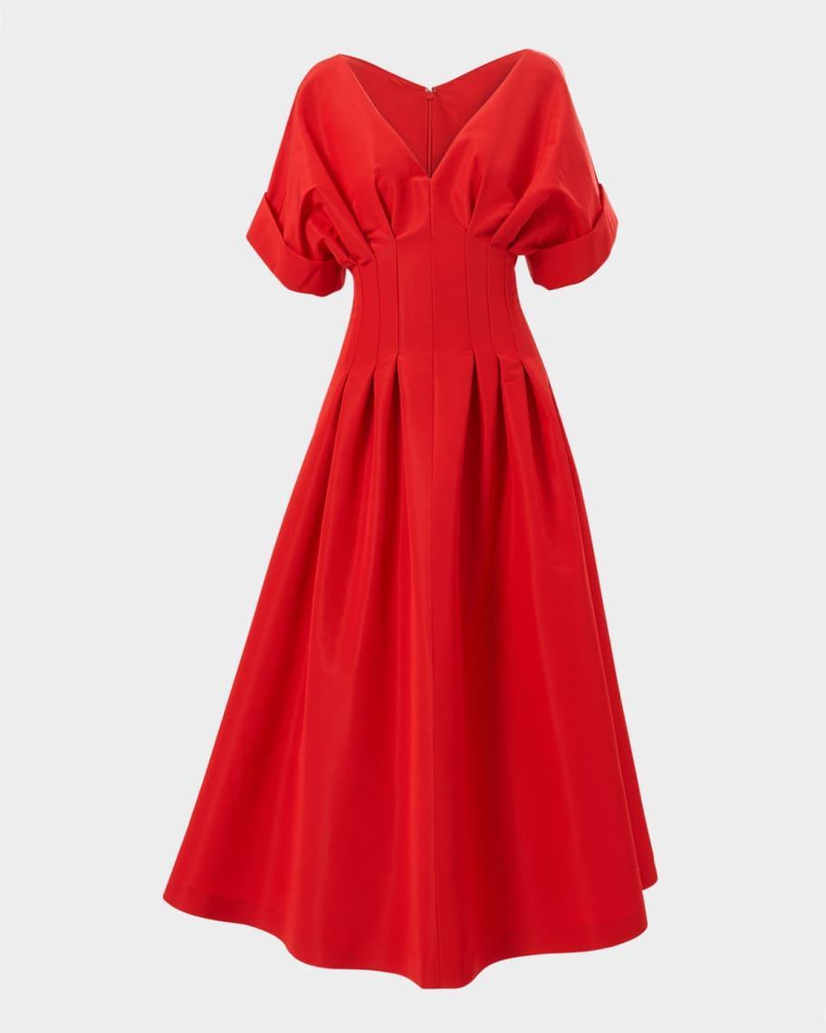 Pleated V-Neck Midi Fit-Flare Dress Product Image