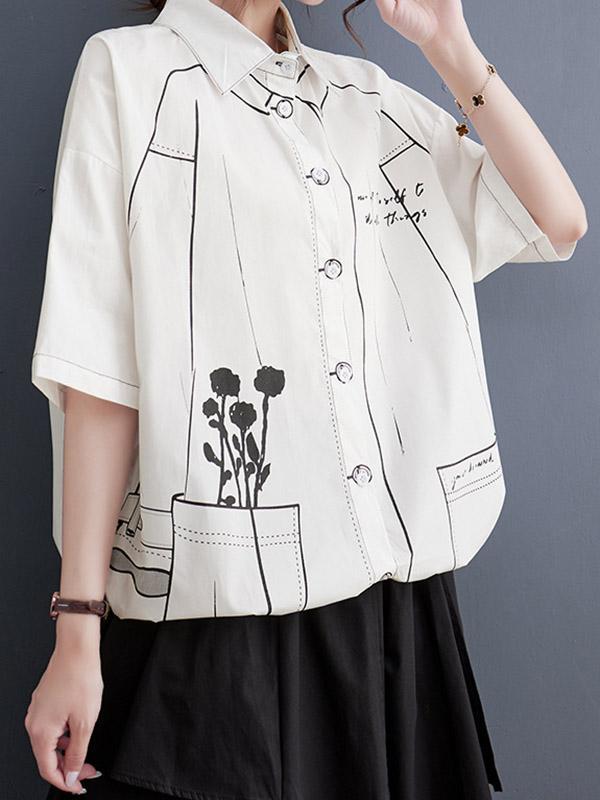 Loose Short Sleeves Buttoned Printed Lapel Blouses&Shirts Tops Product Image