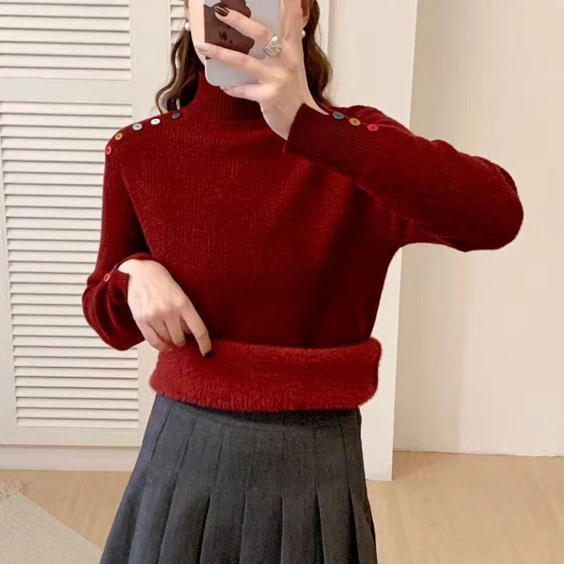 Mock Neck Plain Button Detail Sweater Product Image