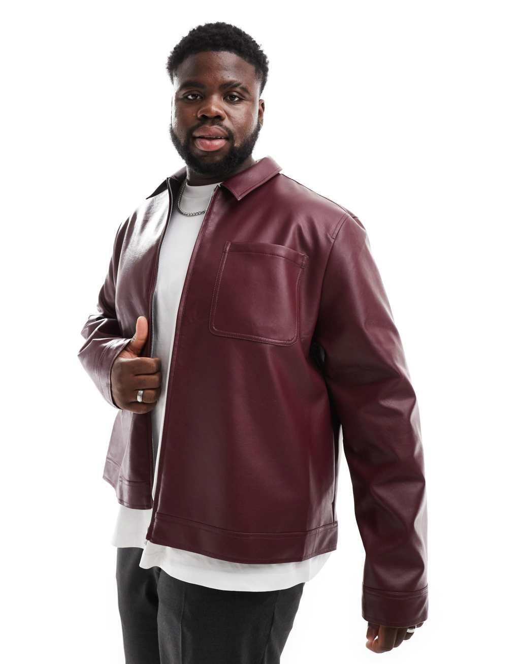 ASOS DESIGN faux leather harrington jacket in burgundy Product Image