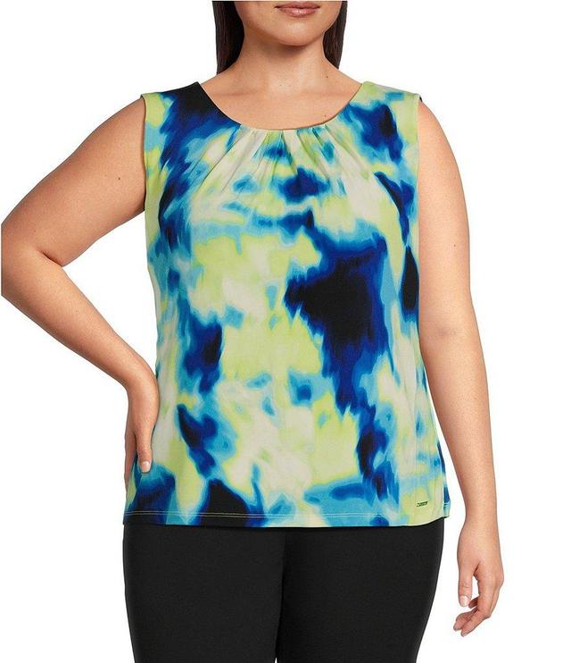 Calvin Klein Plus Size Knit Tie-Dye Print Pleated Crew Neck Sleeveless Cami Top Product Image