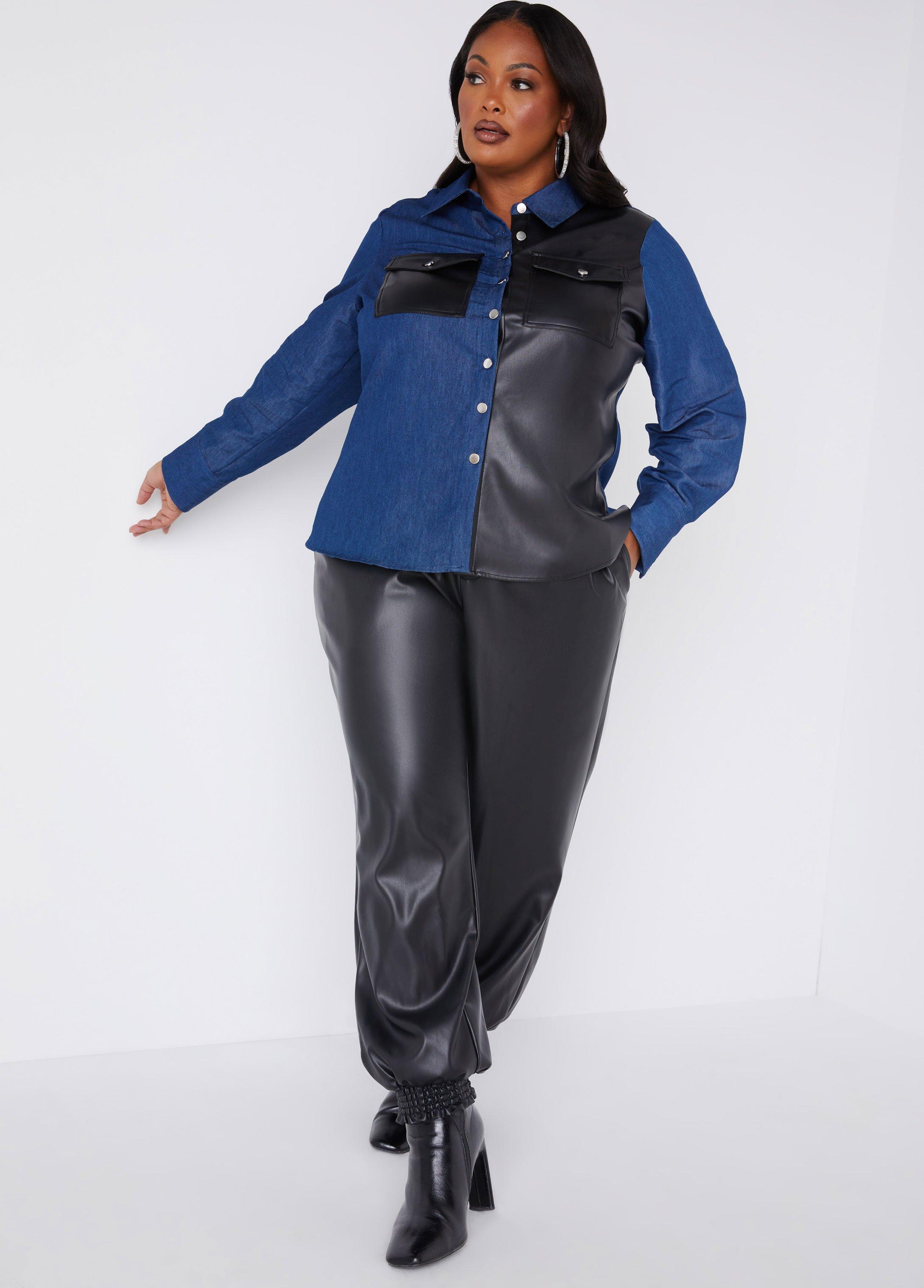 Plus Size Faux Leather And Chambray Shirt Ashley Stewart Product Image