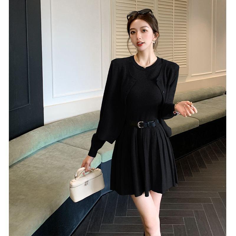 Set: Sleeveless Round Neck Plain Pleated Knit Mini A-Line Dress + Round Neck Cardigan + Belt Product Image