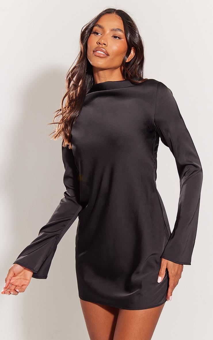 Black Long Flare Sleeve Satin Strappy Back Shift Dress Product Image