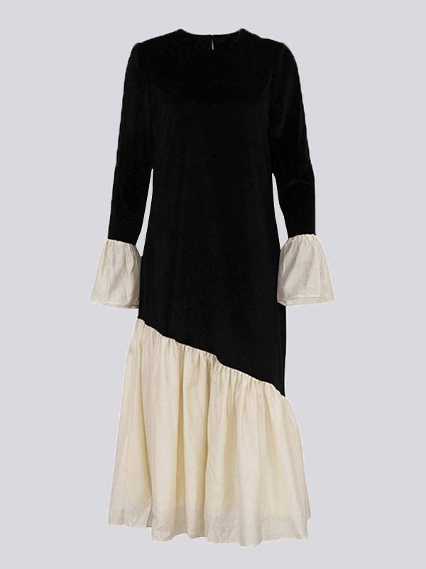 Flared Sleeves Long Sleeves Contrast Color Pleated Split-Joint Round-Neck Midi Dresses Product Image