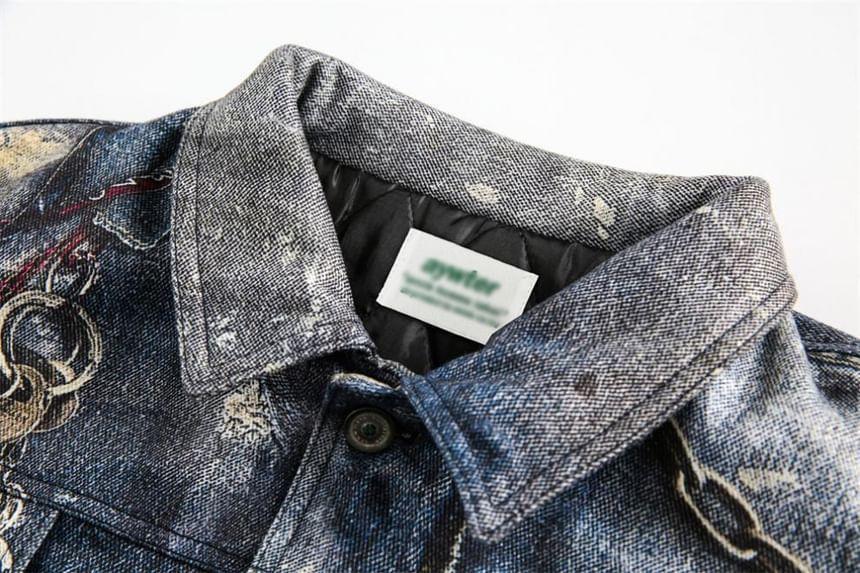 Collared Splash Print Washed Button-Up Denim Jacket Product Image