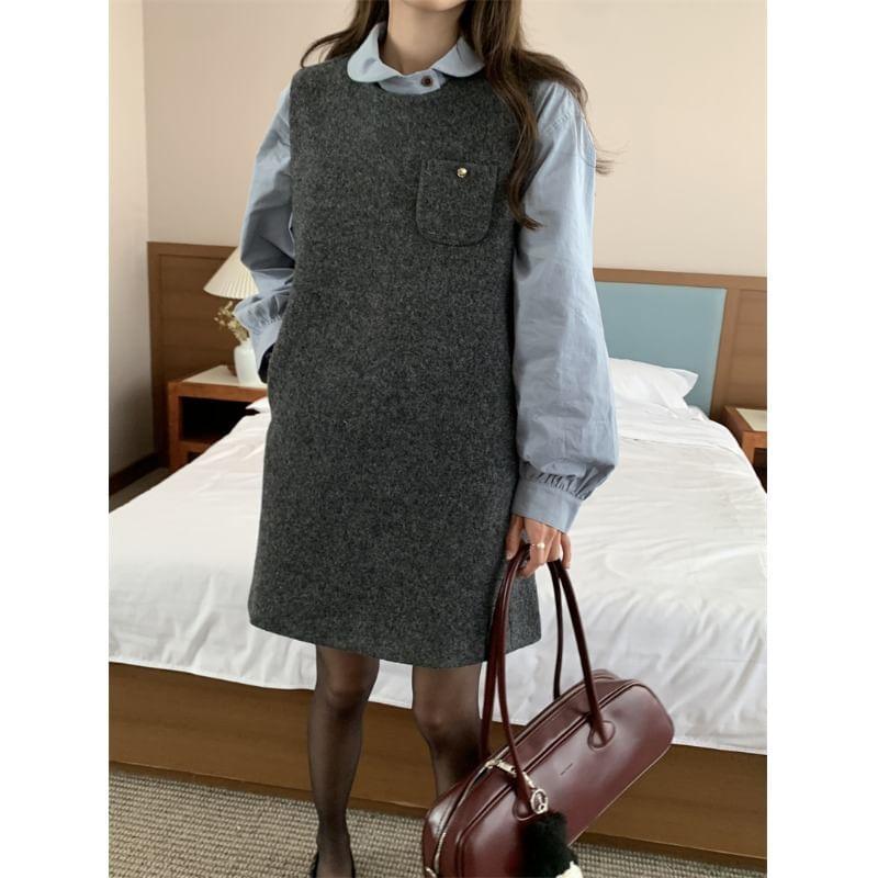 Long-Sleeve Plain Blouse / Sleeveless Tweed Mini Dress Product Image